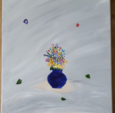 Réf : SUR250510. Vases bleu & bouquet. 30x40cm. 100€.