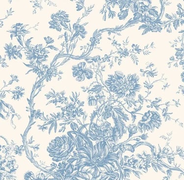 Toile de Jouy floral bleu ciel sur fond blanc
