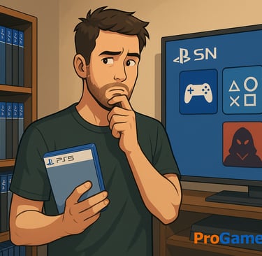 Gamer indeciso entre jogo físico e biblioteca digital.