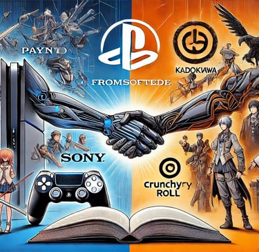 aliança entre Sony e Kadokawa, destacando PlayStation, Crunchyroll e FromSoftware com um aperto de