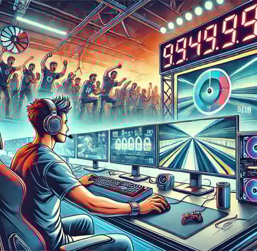 Jogador em um ambiente de competição de speedrun, com monitores, cronômetro e público vibrante.