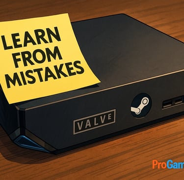 Steam Machine antiga com bilhete ‘Learn From Mistakes’ em cima.