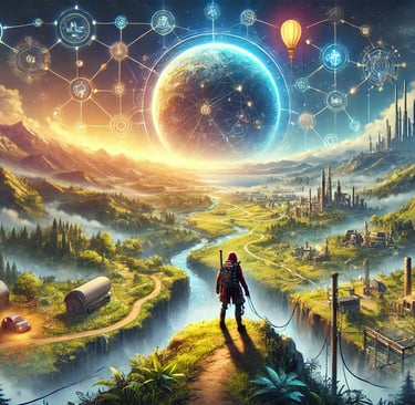 vasto ambiente de jogo de mundo aberto, com paisagens diversificadas e um explorador ao centro.