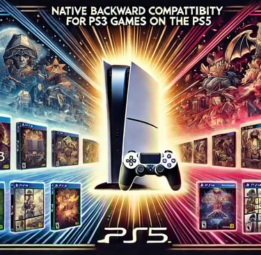 PS5 com brilho rodeado por jogos de PS3, simbolizando nostalgia e avanços tecnológicos.