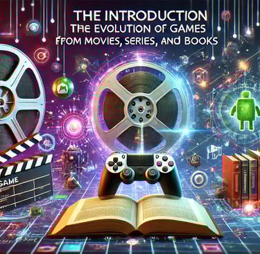 a interseção de filmes, livros e jogos em um espaço digital futurista, simbolizando adaptações de mí