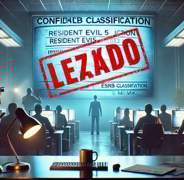 vazamento na ESRB sobre Resident Evil 5 Remake, com uma tela de classificação destacada e um carimbo