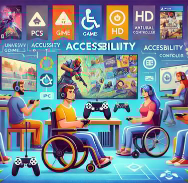 jogadores mostrando diversos em um hub inclusivo de jogos, com recursos como legendas em telas
