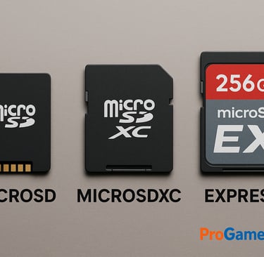 Comparação entre microSD, microSDXC e microSD Express em fundo cinza.