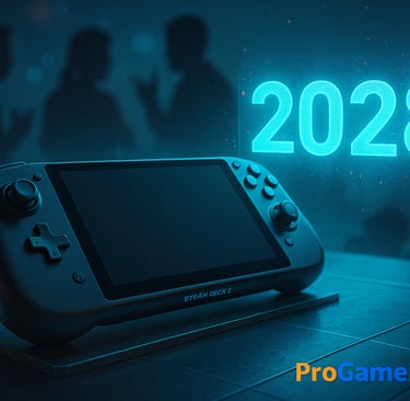 Steam Deck futurista com holograma azul de 2028 projetado no ar.