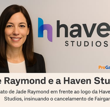 Retrato de Jade Raymond diante do logotipo da Haven Studios.”