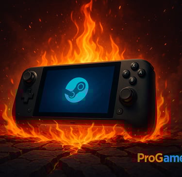 Steam Deck rodeado por chamas sobre solo rachado, simbolizando o renascimento da Valve.