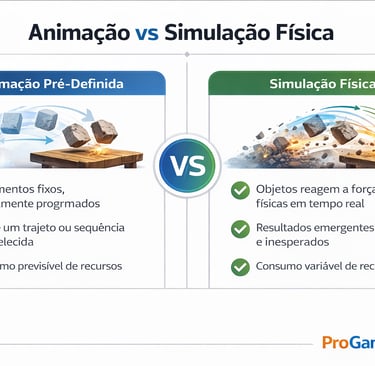 Diagrama comparando animação pré-definida e simulação física em videogames