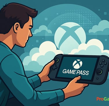 Jogador usando um console portátil Xbox com tela do Game Pass e fundo de nuvens digitais.