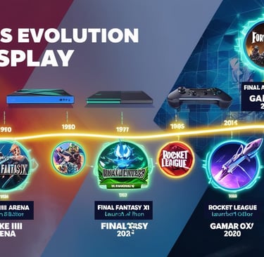 evolução do crossplay nos games, mostrando uma linha do tempo conectada por ícones holográficos