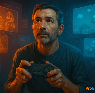 Jogador adulto segurando controle antigo cercado por hologramas de jogos retrô em tons azul e laranj