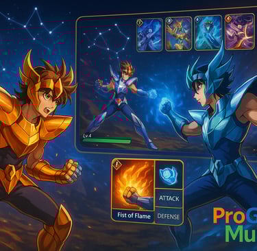 Duelos de RPG mobile com cartas e barra de vida; watermark ProGameMundo nas cores corretas.