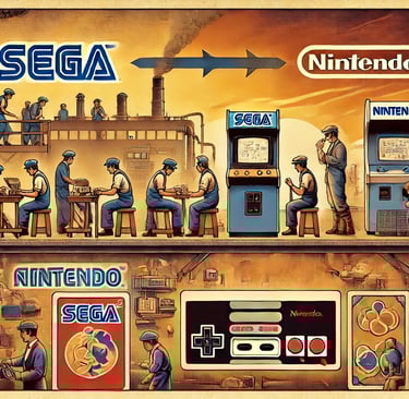 fábrica da Sega e o início da Nintendo com cartas hanafudas e consoles antigos.