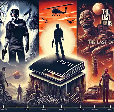 PS3 em um pedestal cercado por cenários de seus jogos mais famosos, simbolizando sua relevância hist