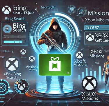 jogador utilizando estratégias como buscas no Bing, quizzes diários e missões do Xbox para acumular