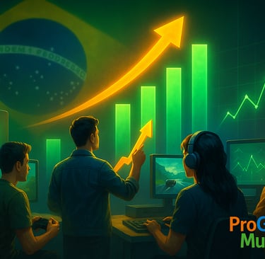 Pessoas analisam gráficos ascendentes com a bandeira do Brasil ao fundo, representando o crescimento