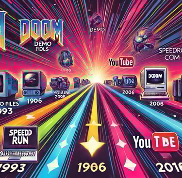 Linha do tempo horizontal com eventos marcantes na história dos speedruns, com ícones representados