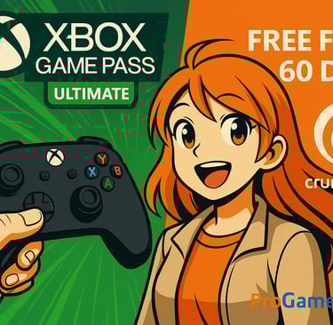 Controlador Xbox e personagem anime com promoção Crunchyroll de 60 dias grátis.