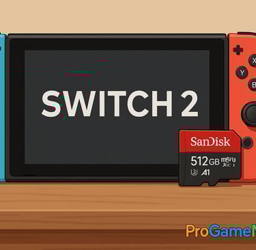 Nintendo Switch 2 com cartão microSD de 512 GB ao lado.