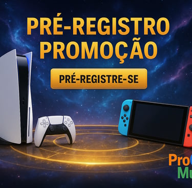 Imagem promocional de pré-registro com prêmios físicos e marca d’água ProGameMundo nas cores correta