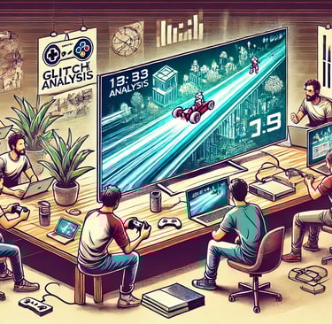 Cena horizontal de speedrunners analisando um jogo em equipe, com laptops, consoles e mapa na tela.