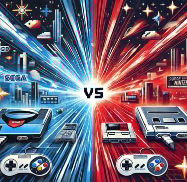 temas azul e vermelho representando a rivalidade entre Sega Genesis e Super Nintendo na era 16-bits.