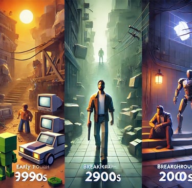 evolução dos gráficos 3D nos videogames, da era poligonal dos anos 90 ao realismo moderno.