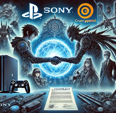 aliança Sony-Kadokawa em 2024, com símbolos de PlayStation, Crunchyroll, FromSoftware e um contrato 