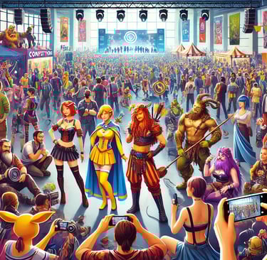 evento geek com cosplayers diversos interagindo, destacando inclusão e comunidade na cultura cosplay