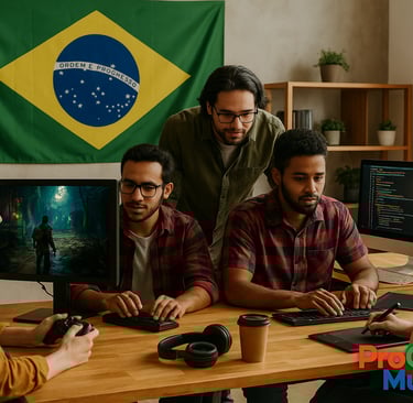 Equipe brasileira desenvolvendo jogo em estúdio com a bandeira do Brasil ao fundo.