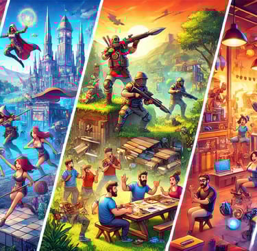 gêneros de jogos cooperativos, incluindo RPGs/MMOs, construção/sobrevivência e party games.