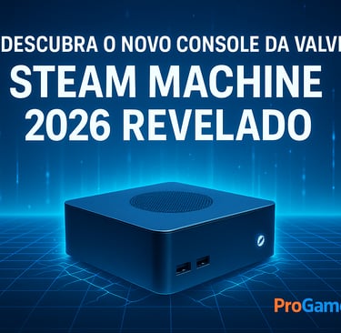 Steam Machine moderna em cenário futurista azul representando seu lançamento em 2026.