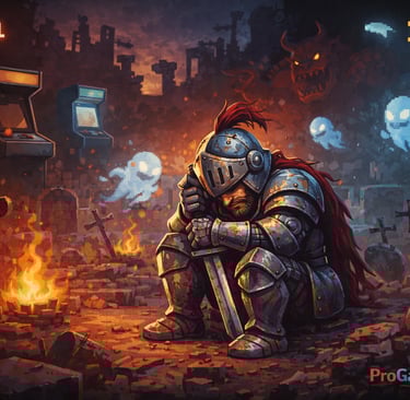 Cavaleiro exausto em cenário arcade simbolizando a dificuldade extrema dos jogos clássicos