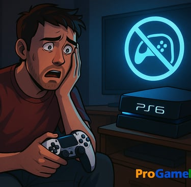 Gamer assustado olhando para um PS6 sem suporte a mídia física.