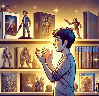 ogador admirando colecionáveis de games em uma prateleira iluminada, simbolizando a conexão emociona