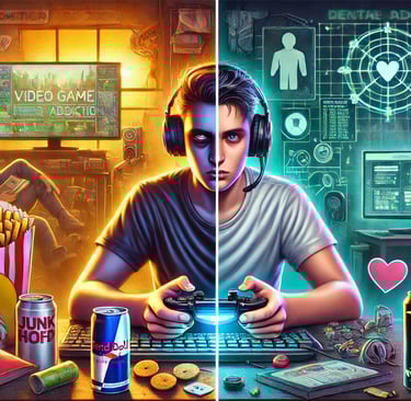 os impactos do vício em jogos, comparando um jogador exausto e isolado com um estilo de vida equilib