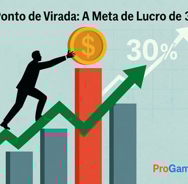 Homem empurrando moeda dourada sobre gráfico com meta de 30% de lucro.