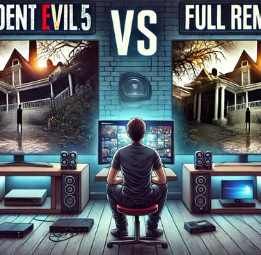 comparando um remake e um remaster de Resident Evil 5, com um jogador analisando as diferenças gráfi