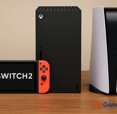 Switch 2, Xbox Series X e PS5 alinhados sobre uma mesa de madeira.