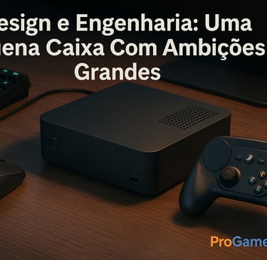 Steam Machine 2026 com periféricos em mesa, destacando design compacto.
