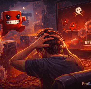 Jogador frustrado diante de desafios de precisão extrema em um jogo de plataforma difícil