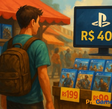Jogador em feira vendo jogos físicos baratos versus preço alto na PSN.