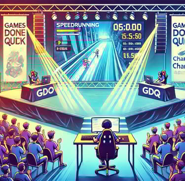Evento de speedrunning com público animado, speedrunner no palco e tela exibindo o jogo e cronômetro