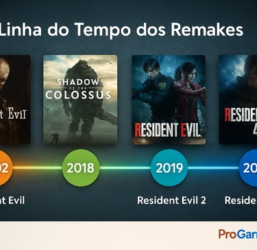 Linha do tempo dos remakes de jogos de 2002 a 2023, incluindo Resident Evil e Shadow of the Colossus