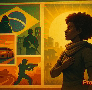 Mural estilizado celebra os principais jogos brasileiros com símbolos e luz dourada sobre a bandeira