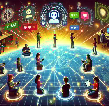 Jogadores de diferentes plataformas interagindo em um mundo virtual, simbolizando a união das comuni